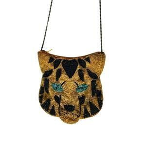 VTG 80s Bengal Tiger Beaded Club Bag Evening Clutch Purse Chain Shoulder Strap